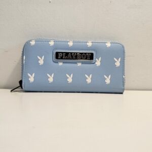 [Playboy] Baby Blue White Bunny Diamond Bling Zip Around Wallet